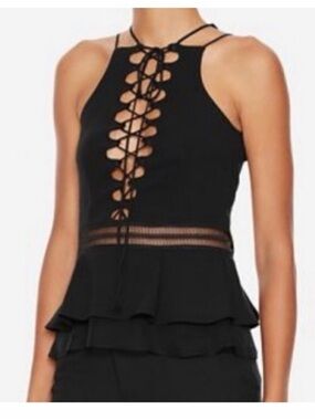 Jonathan Simkhai Black Lace-Up Halter Peplum Shell